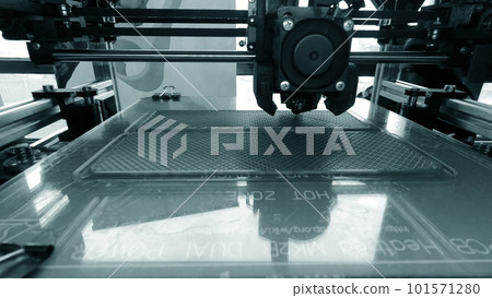 3D printer. Working 3d printer close-up. 3d printer printing object from molten plastic. Printing prototype. New modern printing technology on 3D printer. Additive progressive technologies. FDM 3D printer. Working 3d printer close-up. 3d printer printing object from molten plastic. Printing prototype. New modern printing technology on 3D printer. Additive progressive technologies. FDM 101571280