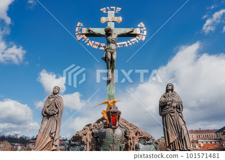 Crucifix on pedestrians only Charles Bridge over Vltava river in Prague, Czech Republic Crucifix on pedestrians only Charles Bridge over Vltava river in Prague, Czech Republic 101571481