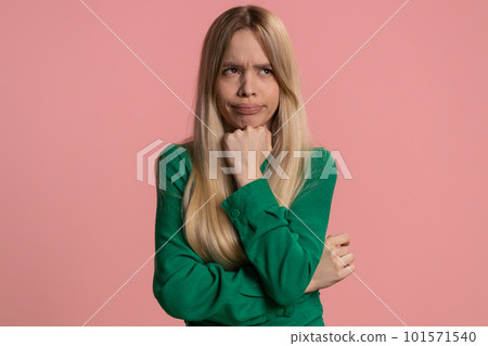 Tired bored woman indifferent expression exhausted of tedious story, not interested in communication Tired bored woman indifferent expression exhausted of tedious story, not interested in communication 101571540