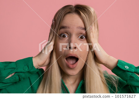 Excited amazed woman surprise looking at camera with big eyes, shocked by sudden victory wow emotion Excited amazed woman surprise looking at camera with big eyes, shocked by sudden victory wow emotion 101571627