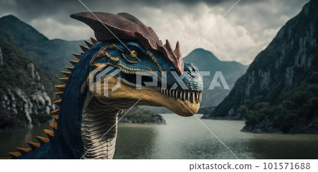 Prehistoric creature or dinosaur in the wild nature. Realistic style drawing. 101571688