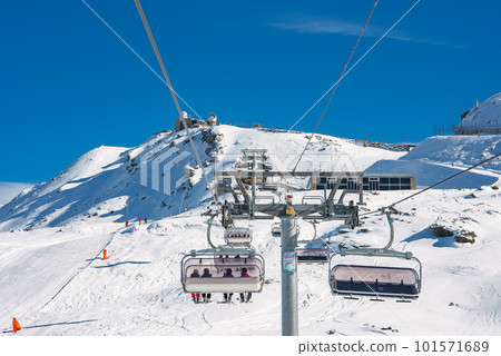 Beautiful view of Gornergrat, Zermatt, Matterhorn ski resort in Switzerland with cable chair lift transportation. Ski lifts in Switzerland. Winter holidays. 101571689