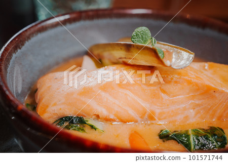 Fried salmon steak with potatoes and vegetables and spicy sauce. Vegeterian dish. 101571744