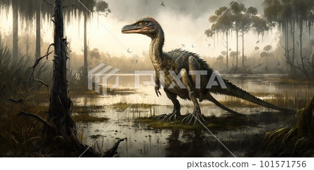Prehistoric creature or dinosaur in the wild nature. Realistic style drawing. Prehistoric creature or dinosaur in the wild nature. Realistic style drawing. 101571756