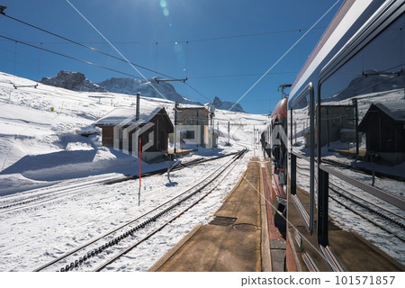 The train of Gonergratbahn running to the Gornergrat station and Stellarium Observatory - famous touristic place with clear view to Matterhorn. Glacier Express train. 101571857