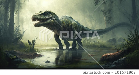 Prehistoric creature or dinosaur in the wild nature. Realistic style drawing. 101571902
