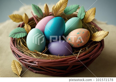 Easter eggs in basket. Colorful Easter festival celebration. 101572178