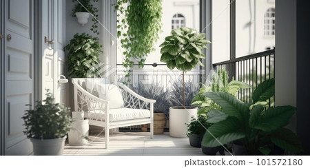 Modern balcony sitting area decorated with green plant and white wall Modern balcony sitting area decorated with green plant and white wall 101572180