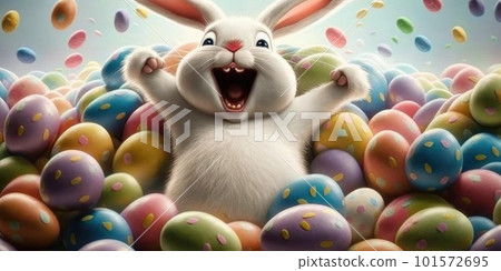 Happy bunny rabbit with easter eggs. Colorful Easter holiday celebration. 101572695
