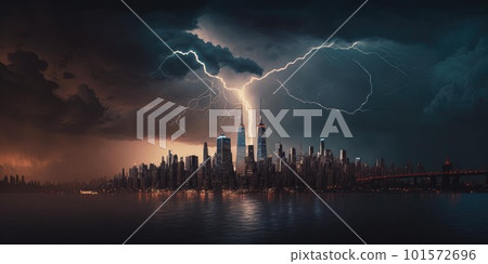 Destructive and powerful thunder storm strike metropolis city with thunderbolt 101572696