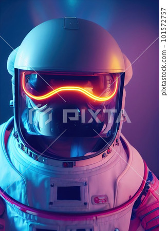 Portrait of an fictional astronaut in neon light in a spacesuit. High-tech astronaut from the future. The concept of space travel. 3D rendering 101572757