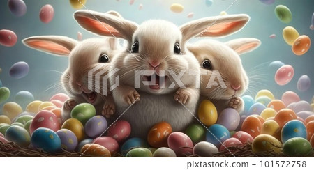 Happy bunny rabbit with easter eggs. Colorful Easter holiday celebration. 101572758