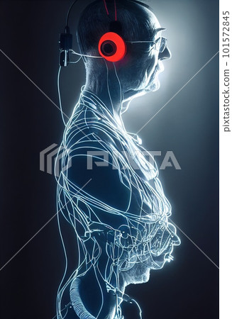 Realistic portrait of a grandfather in a futuristic cyberpunk style with a cyber headset. A high-tech man from the future. The concept of virtual reality and cyberpunk. 3D render 101572845