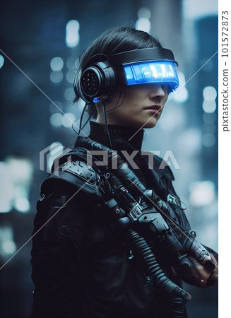 Realistic portrait of a sci-fi cyberpunk girl in a cyber suit. High-tech futuristic man from the future. The concept of virtual reality and cyberpunk. 3D render. 101572873