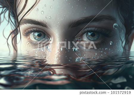Close up woman eyes at the water surface 101572919