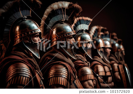 The Roman ancient army is preparing for battle. A formation of Roman ancient soldiers. Generative AI. 101572920