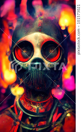 Creepy infernal zombie in a gas mask. The concept of a nightmarish zombie from the hellscape. 101573021