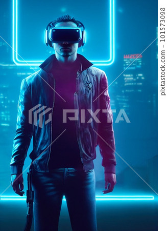 Portrait of a man wearing a cyberpunk headset, neon virtual glasses, and cyberpunk gear. A high-tech futuristic man from the future. The concept of virtual reality and cyberpunk. 3D rendering. Portrait of a man wearing a cyberpunk headset, neon virtual glasses, and cyberpunk gear. A high-tech futuristic man from the future. The concept of virtual reality and cyberpunk. 3D rendering. 101573098