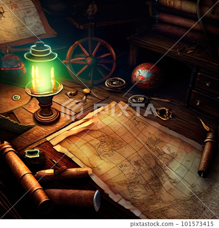 An ancient pirate map in the cabin of a pirate ship. Image of an ancient ancient pirate map. An ancient paper pirate scroll. 3d rendering An ancient pirate map in the cabin of a pirate ship. Image of an ancient ancient pirate map. An ancient paper pirate scroll. 3d rendering 101573415