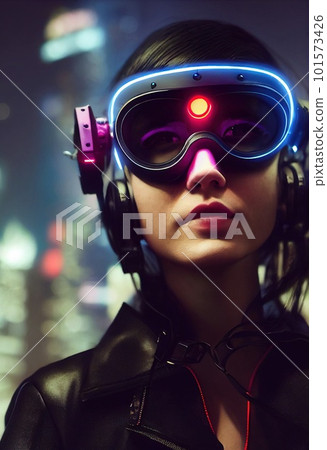 Fictional portrait of a sci-fi cyberpunk girl. High-tech futuristic woman from the future. The concept of virtual reality and cyberpunk. 3D render. 101573426