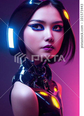 A fictional person, not based on a real person. Portrait of a sci-fi cyberpunk girl. High-tech futuristic woman from the future. The concept of virtual reality and cyberpunk. 3D render. A fictional person, not based on a real person. Portrait of a sci-fi cyberpunk girl. High-tech futuristic woman from the future. The concept of virtual reality and cyberpunk. 3D render. 101573443