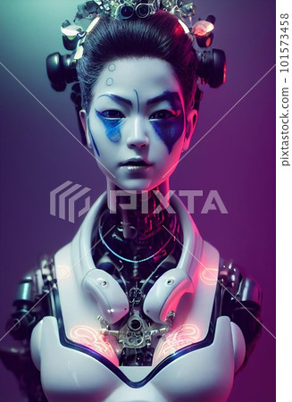 A fictional person, not based on a real person. Portrait of a futuristic robot. An artistic abstract cyberpunk fantasy. Concept of a modern robot. 3d rendering 101573458