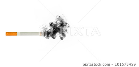 A cigarette isolated at the white background with black smoke, unhealthy habit, smoking addiction cigarets with copy space 101573459