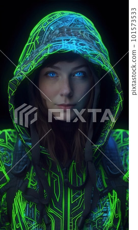 Portrait of a mystical fantasy bioluminescent neon woman. Glamorous fashionable lady. Generative AI Art. 101573533