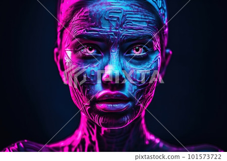 Portrait of a mystical fantasy bioluminescent neon woman. Glamorous fashionable lady. Generative AI Art. Portrait of a mystical fantasy bioluminescent neon woman. Glamorous fashionable lady. Generative AI Art. 101573722