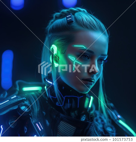 Portrait of a sci-fi cyberpunk girl. High-tech futuristic woman from the future. Generative AI Art. Portrait of a sci-fi cyberpunk girl. High-tech futuristic woman from the future. Generative AI Art. 101573753