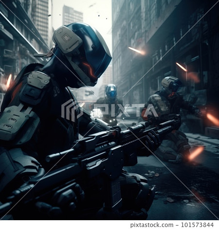 A battle of sci-fi robot warriors. The battlefield of robots. Artistic abstract cyberpunk fantasy. Generative AI Art. A battle of sci-fi robot warriors. The battlefield of robots. Artistic abstract cyberpunk fantasy. Generative AI Art. 101573844