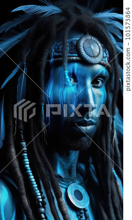 Portrait of a mystical fantasy bioluminescent neon man. Glamorous fashionable rastaman. Generative AI Art. Portrait of a mystical fantasy bioluminescent neon man. Glamorous fashionable rastaman. Generative AI Art. 101573864