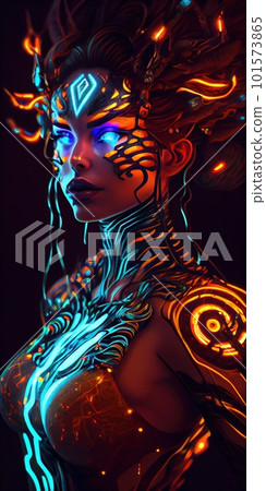 Portrait of a mystical fantasy bioluminescent neon woman. Glamorous fashionable lady. Generative AI Art. 101573865
