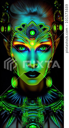 Portrait of a mystical fantasy bioluminescent neon woman. Glamorous fashionable lady. Generative AI Art. 101573889
