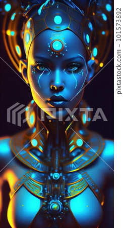 Portrait of a mystical fantasy bioluminescent neon woman. Glamorous fashionable lady. Generative AI Art. 101573892