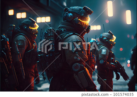 Portrait of Fantastic Warriors. High-tech futuristic man from the future. Generative AI Art. Portrait of Fantastic Warriors. High-tech futuristic man from the future. Generative AI Art. 101574035
