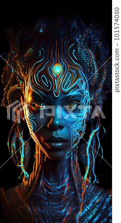 Portrait of a mystical fantasy bioluminescent neon woman. Glamorous fashionable lady. Generative AI Art. 101574080