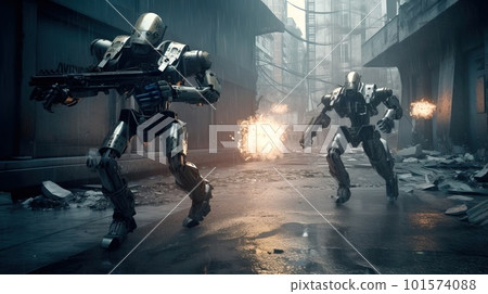 A battle of sci-fi robot warriors. The battlefield of robots. Artistic abstract cyberpunk fantasy. Generative AI Art. 101574088