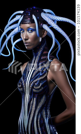 Portrait of a mystical fantasy bioluminescent neon woman. Glamorous fashionable lady. Generative AI Art. Portrait of a mystical fantasy bioluminescent neon woman. Glamorous fashionable lady. Generative AI Art. 101574139