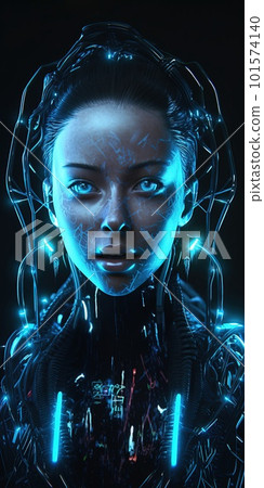 Portrait of a sci-fi cyberpunk girl. High-tech futuristic woman from the future. Generative AI Art. Portrait of a sci-fi cyberpunk girl. High-tech futuristic woman from the future. Generative AI Art. 101574140