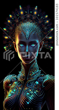 Portrait of a mystical fantasy bioluminescent neon woman. Glamorous fashionable lady. Generative AI Art. Portrait of a mystical fantasy bioluminescent neon woman. Glamorous fashionable lady. Generative AI Art. 101574183