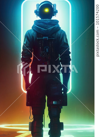 Portrait of a sci-fi cyberpunk man. High-tech futuristic man from the future. Generative AI Art. Portrait of a sci-fi cyberpunk man. High-tech futuristic man from the future. Generative AI Art. 101574200