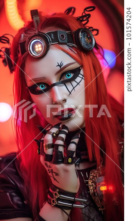 Portrait of a sci-fi cyberpunk girl. High-tech futuristic woman from the future. Generative AI Art. Portrait of a sci-fi cyberpunk girl. High-tech futuristic woman from the future. Generative AI Art. 101574204