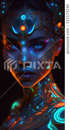 Portrait of a mystical fantasy bioluminescent neon woman. Glamorous fashionable lady. Generative AI Art. 101574286