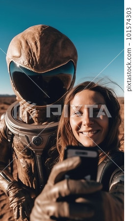 Selfies with an alien. An alien invader from an alien planet. Generative AI Art. 101574303