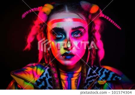 Abstract portrait of a beautiful fashionable girl in fantasy style. Creative beautiful girl. Generative AI Art. 101574304