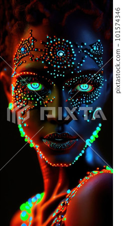 Portrait of a mystical fantasy bioluminescent neon woman. Glamorous fashionable lady. Generative AI Art. Portrait of a mystical fantasy bioluminescent neon woman. Glamorous fashionable lady. Generative AI Art. 101574346
