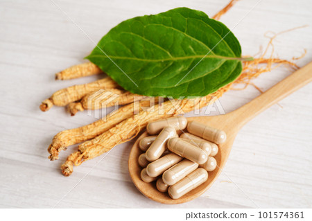 Ginseng roots and green leaf, healthy food. Ginseng roots and green leaf, healthy food. 101574361
