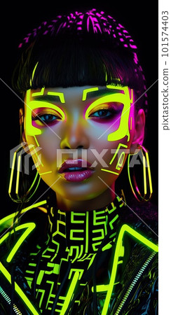 Portrait of a mystical fantasy bioluminescent neon woman. Glamorous fashionable lady. Generative AI Art. 101574403