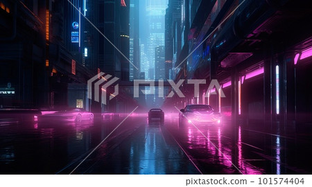 A futuristic neon city. A rainy city street with road. The concept of virtual reality and cyberpunk. Generative AI Art 101574404